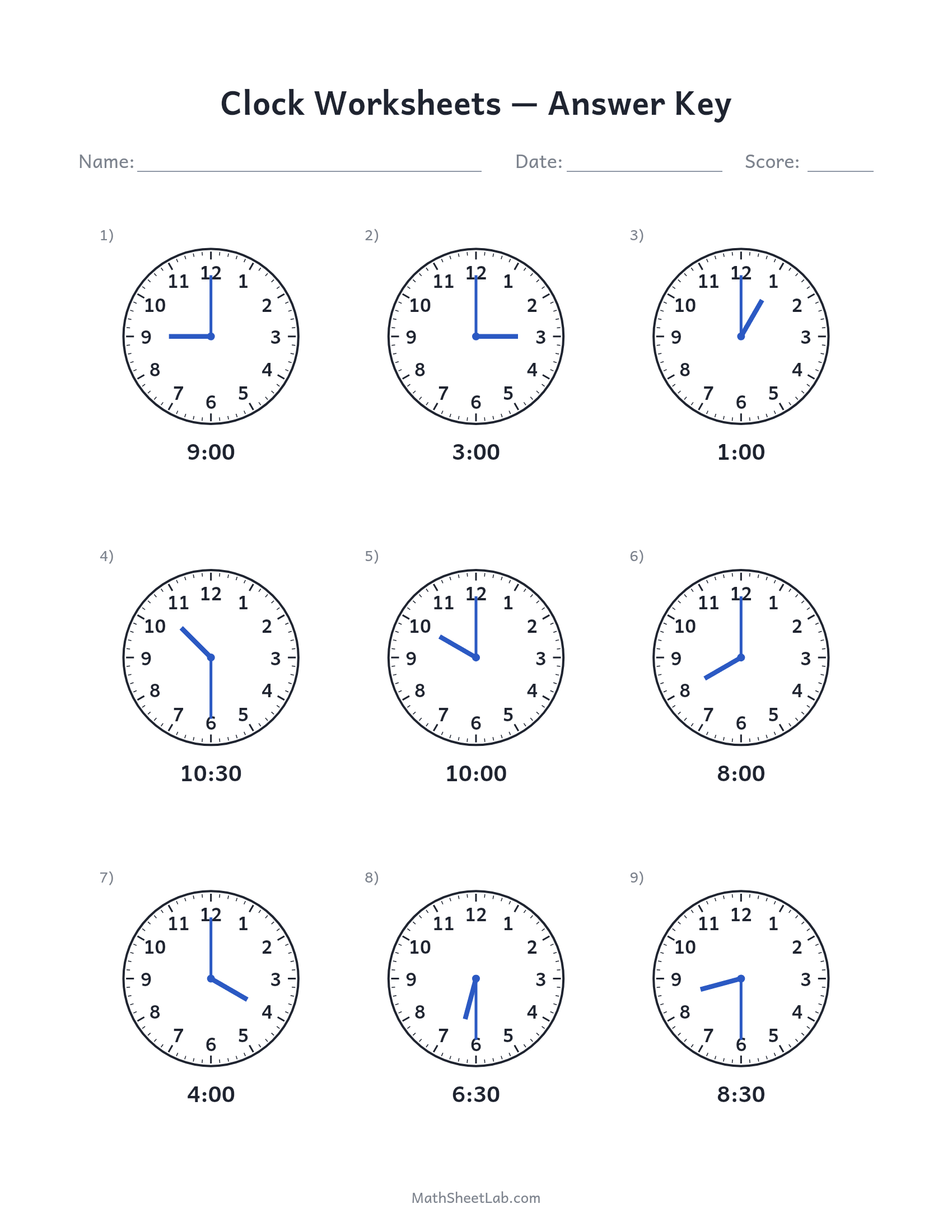 Clock worksheets (draw the hands) answer key preview