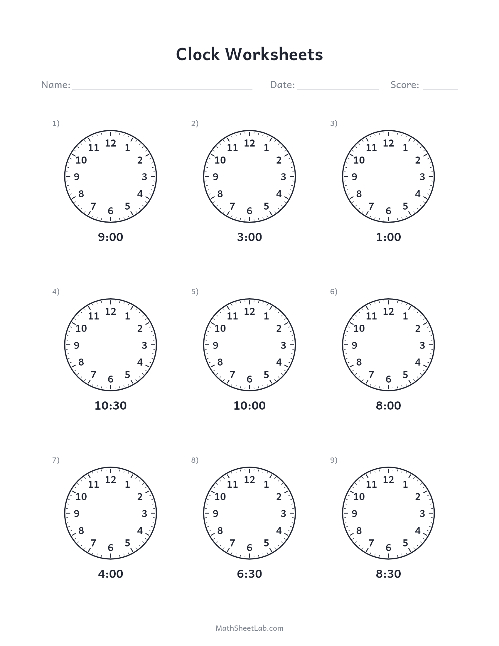 Clock worksheets (draw the hands) — free printable PDF preview
