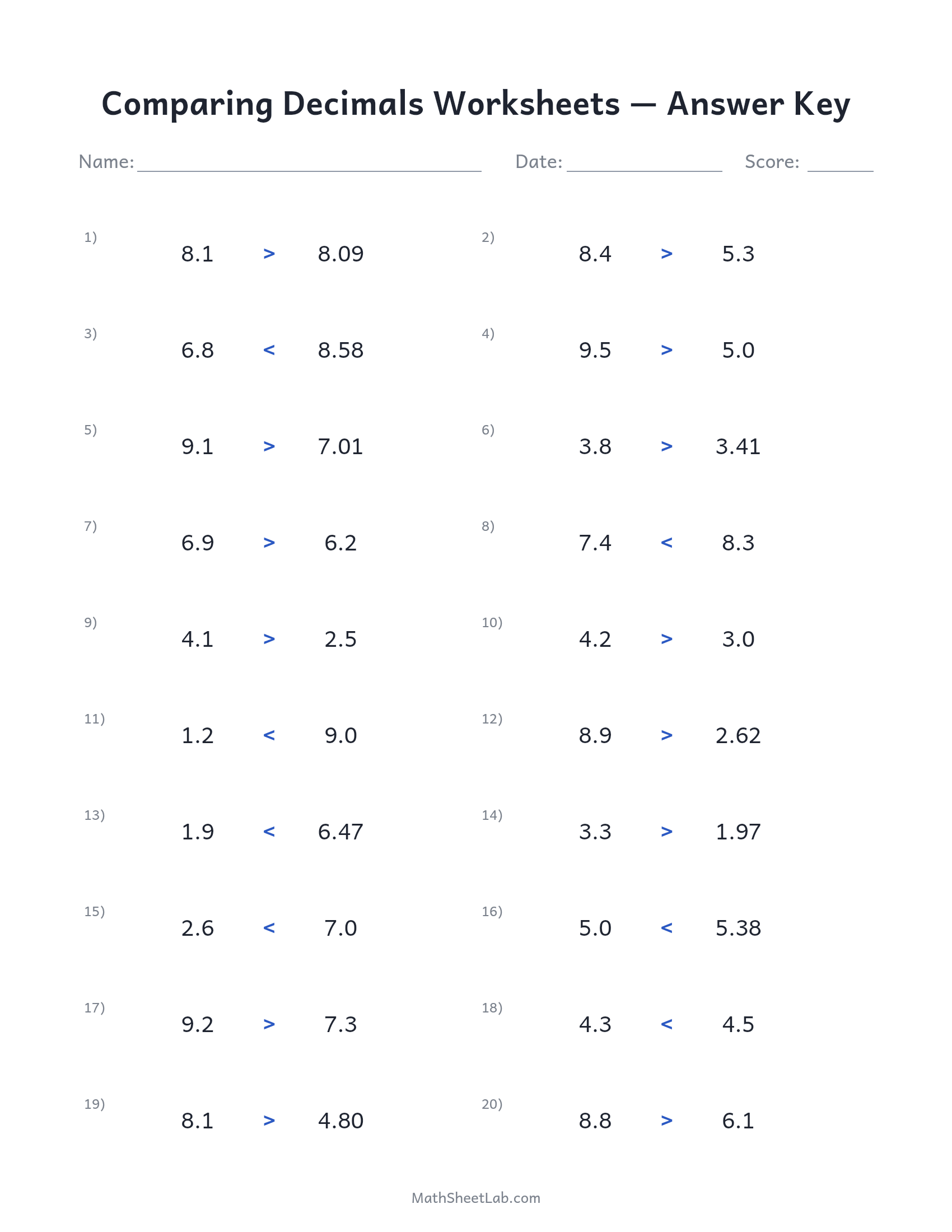 Comparing decimals worksheets answer key preview