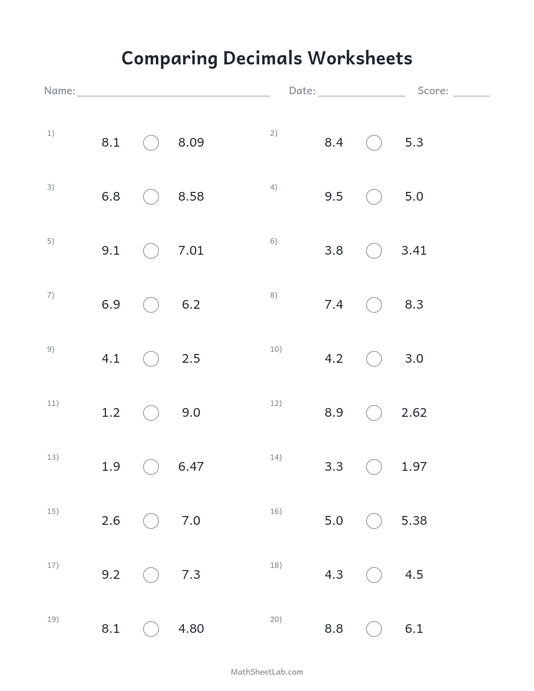 Comparing decimals worksheets — free printable PDF preview