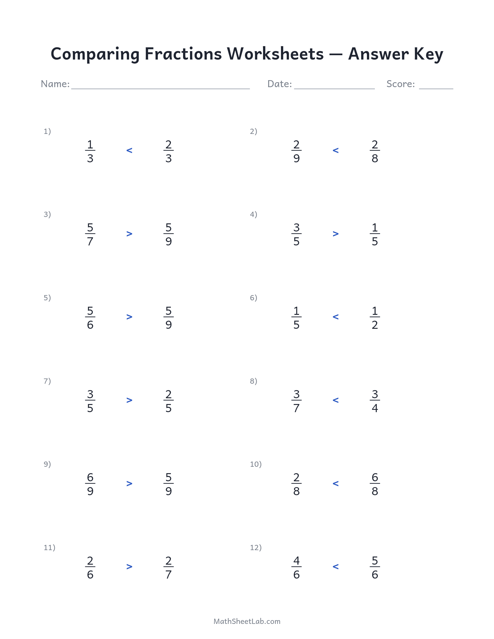 Comparing fractions worksheets answer key preview