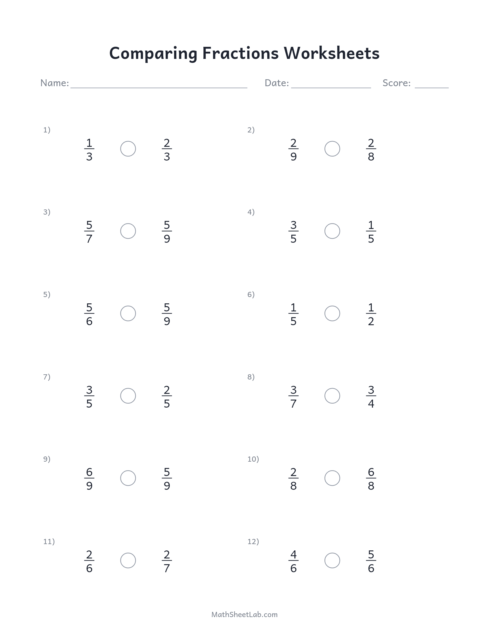 Comparing fractions worksheets — free printable PDF preview