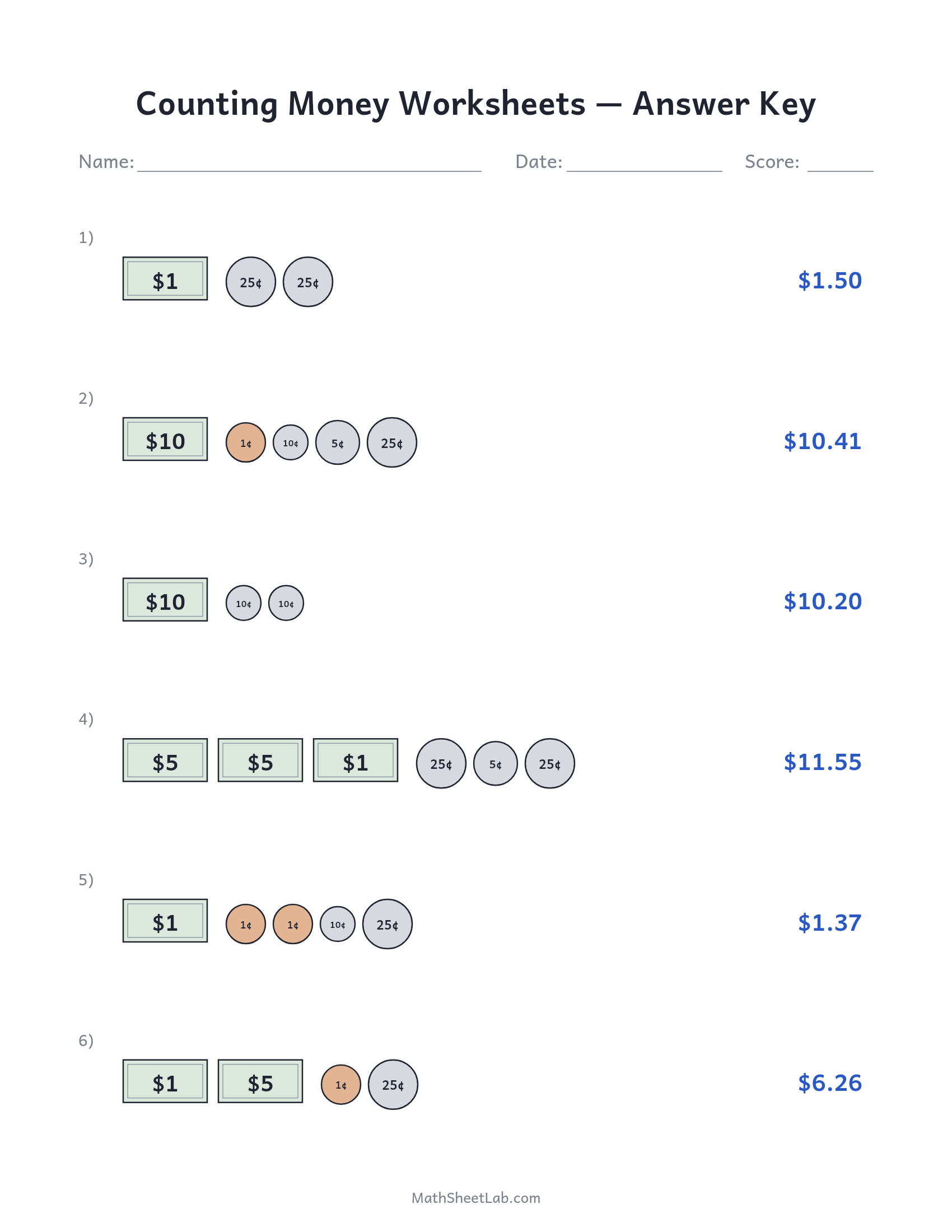 Counting money worksheets answer key preview