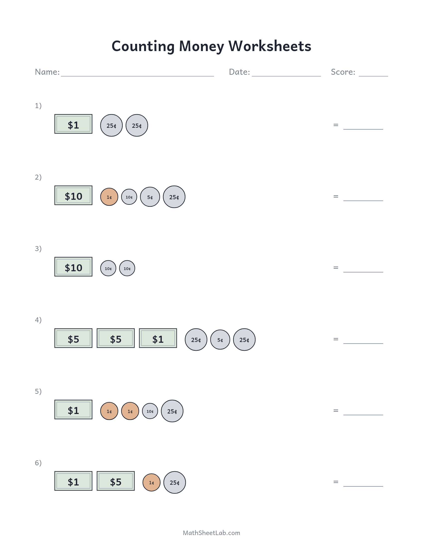 Counting money worksheets — free printable PDF preview