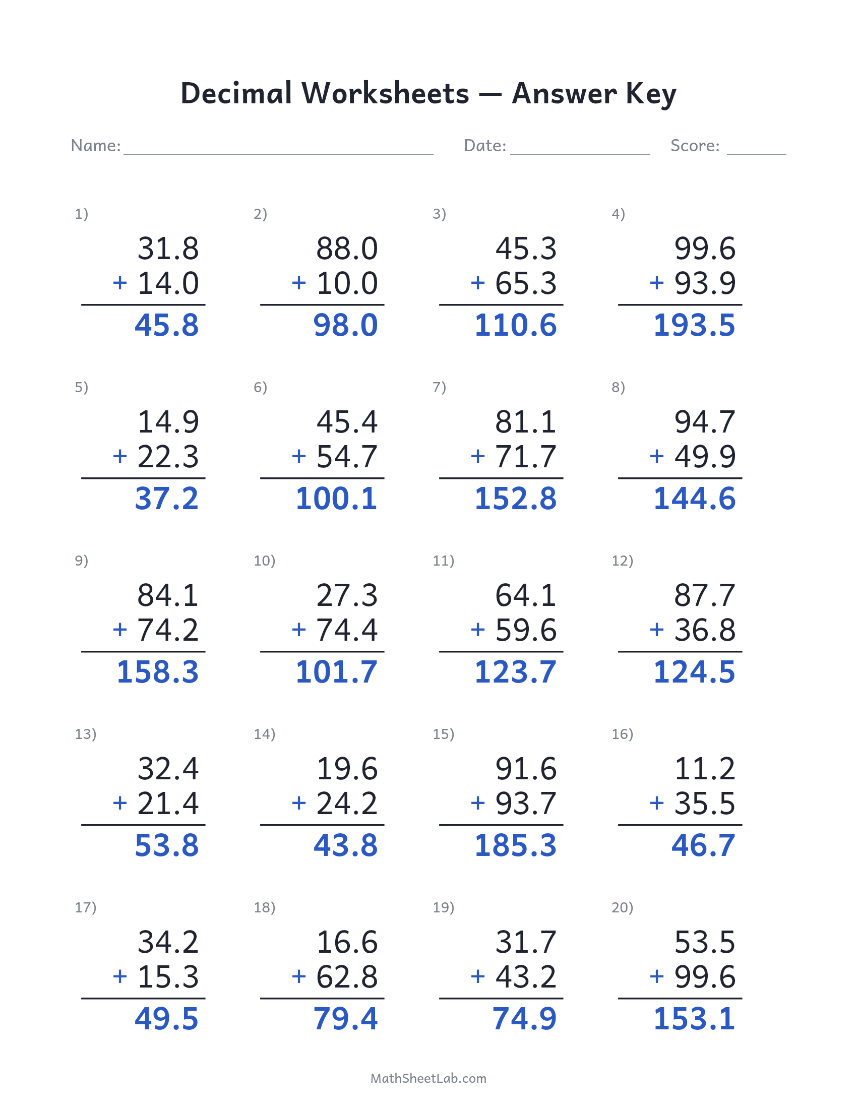 Decimal worksheets (addition) answer key preview