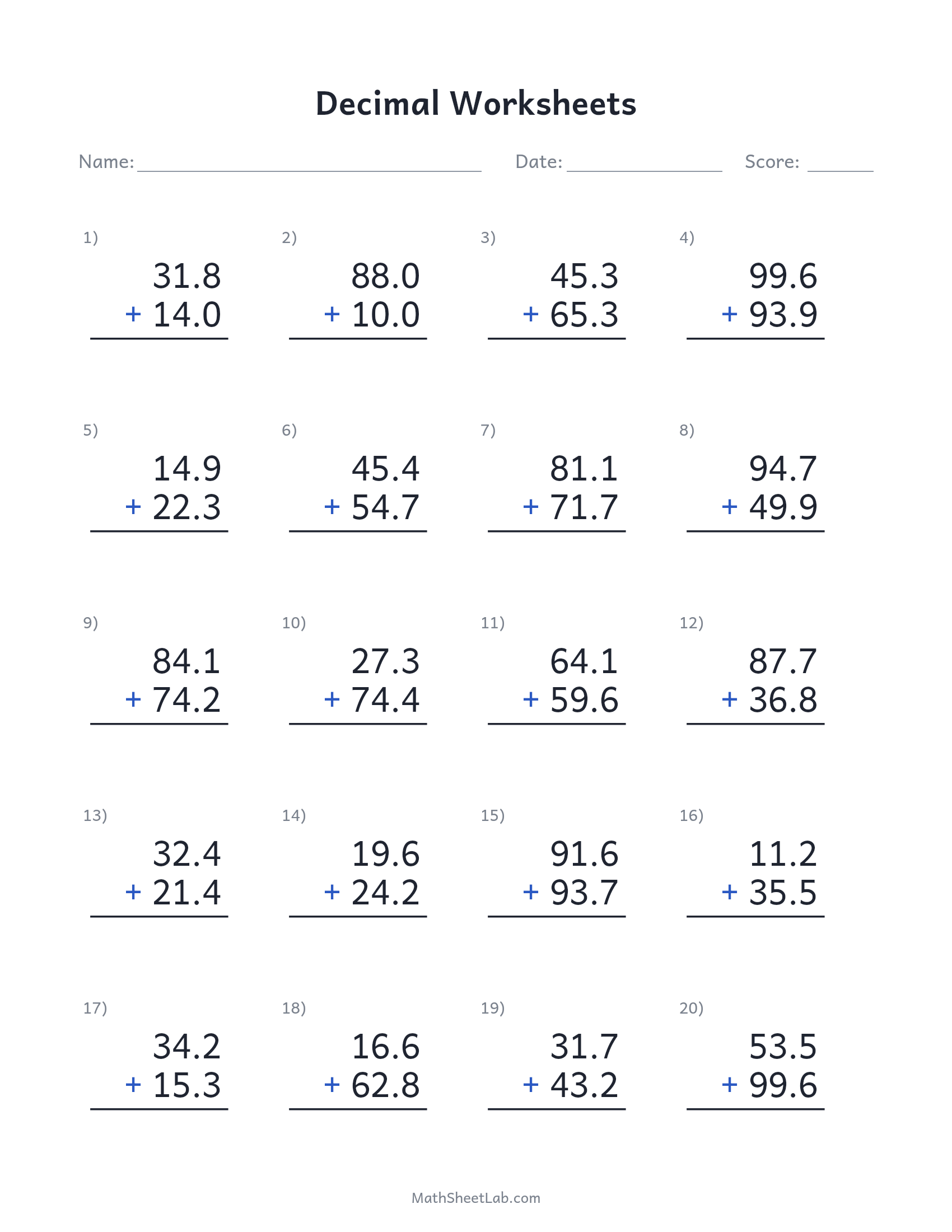 Decimal worksheets (addition) — free printable PDF preview