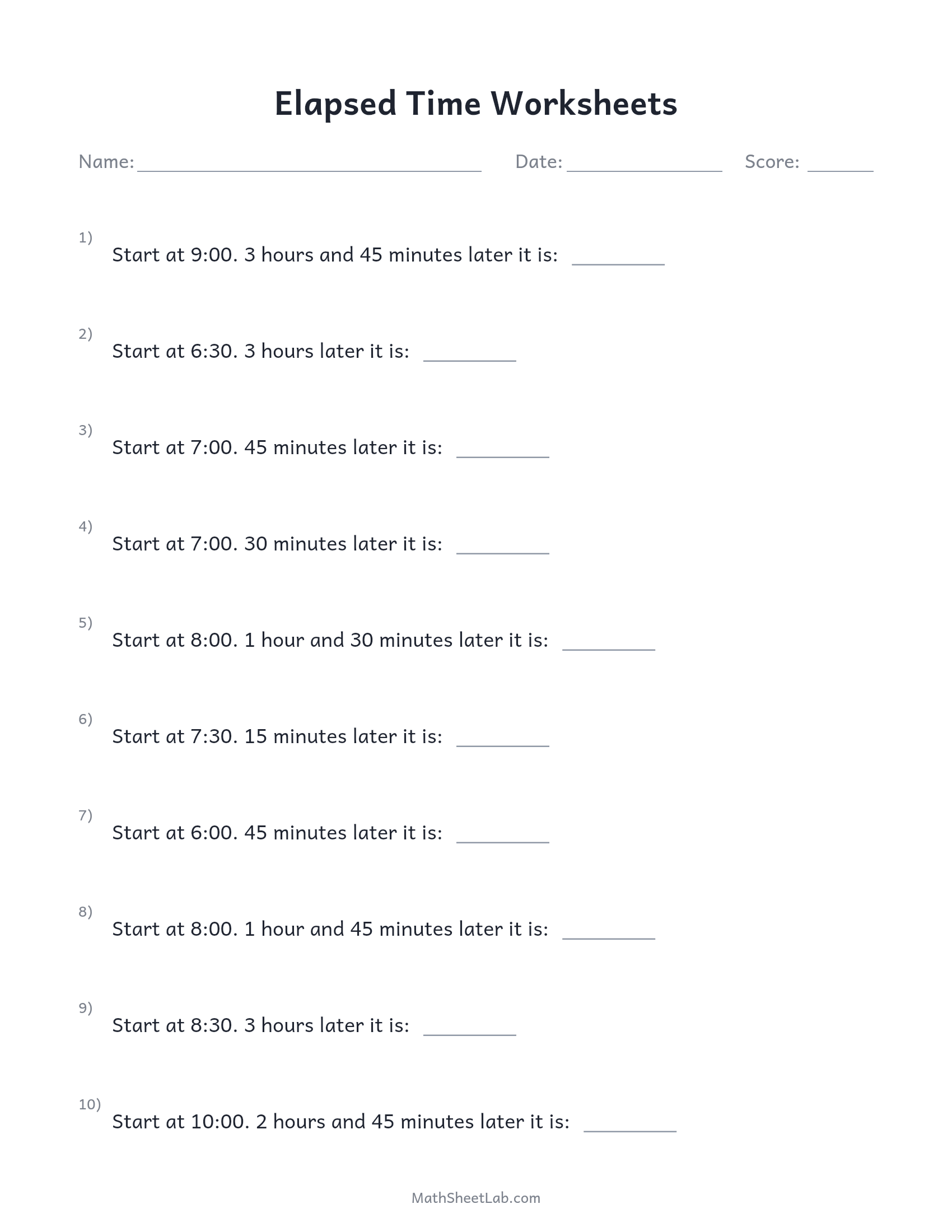 Elapsed time worksheets — free printable PDF preview