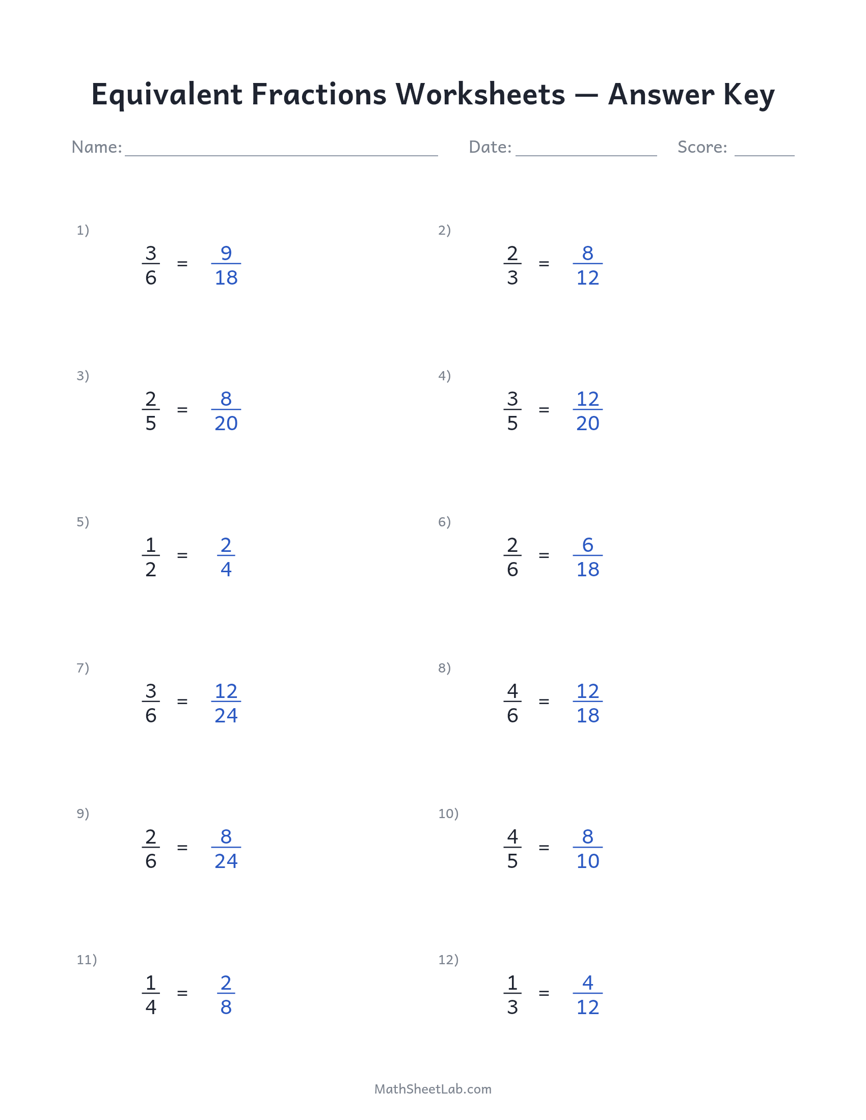 Equivalent fractions worksheets answer key preview