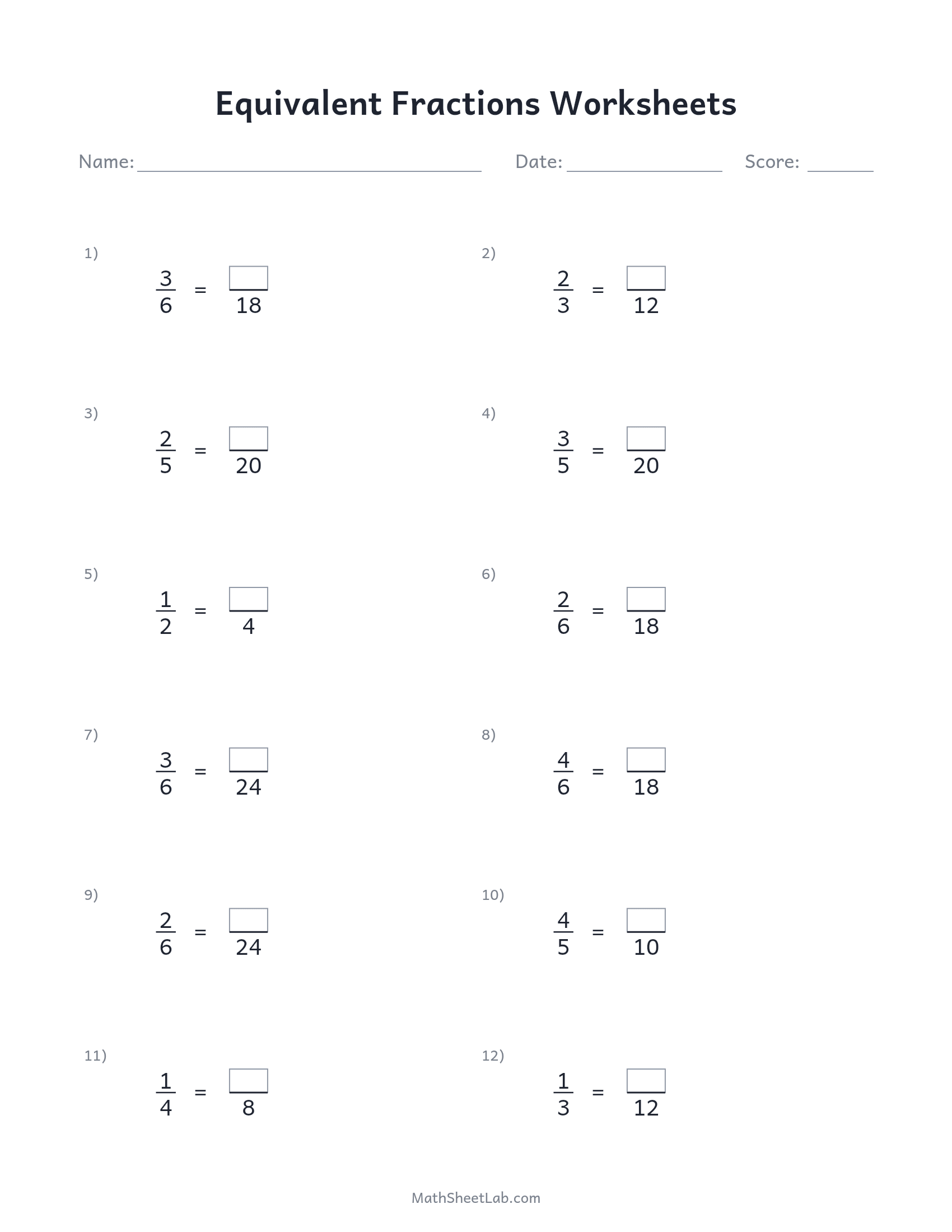 Equivalent fractions worksheets — free printable PDF preview