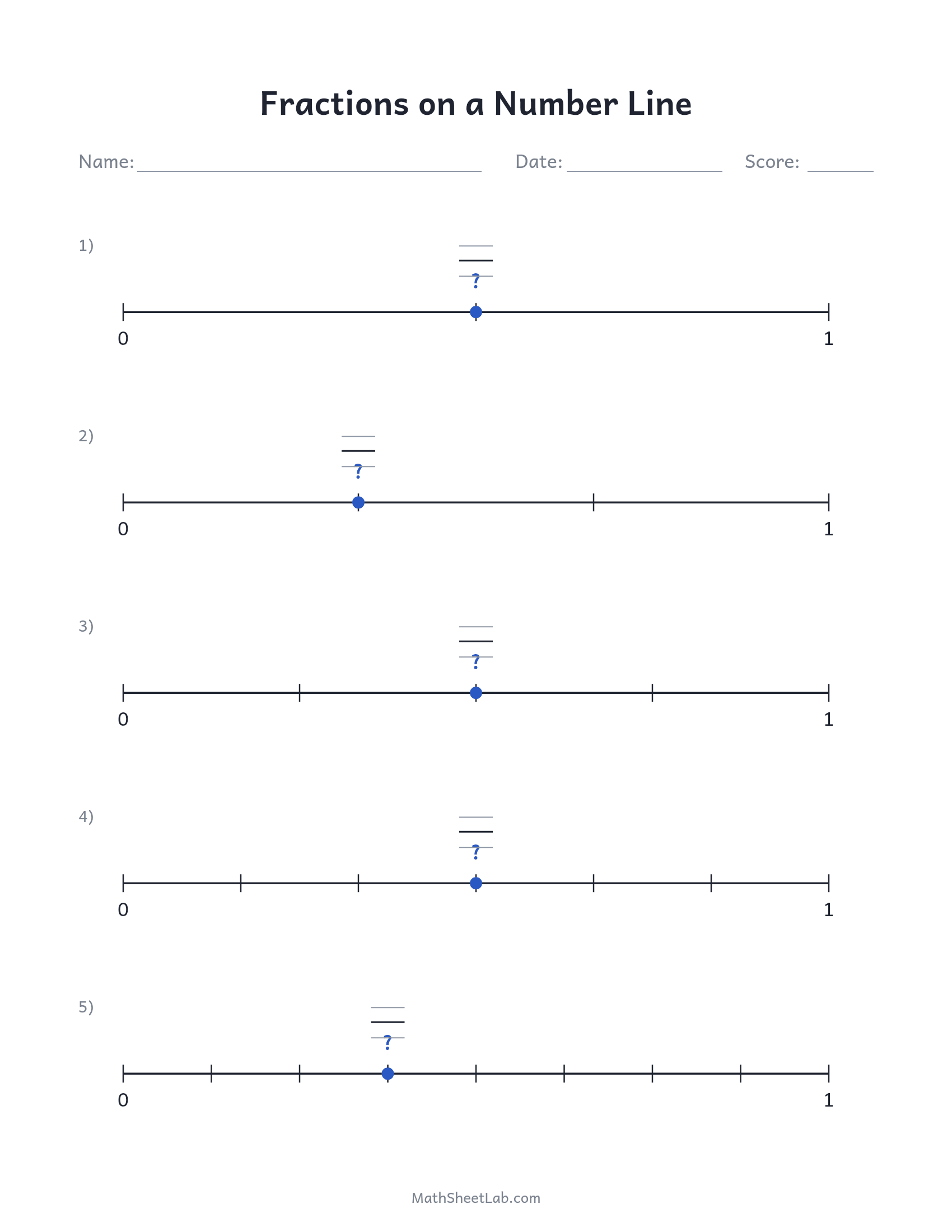 Fractions on a number line — free printable PDF preview