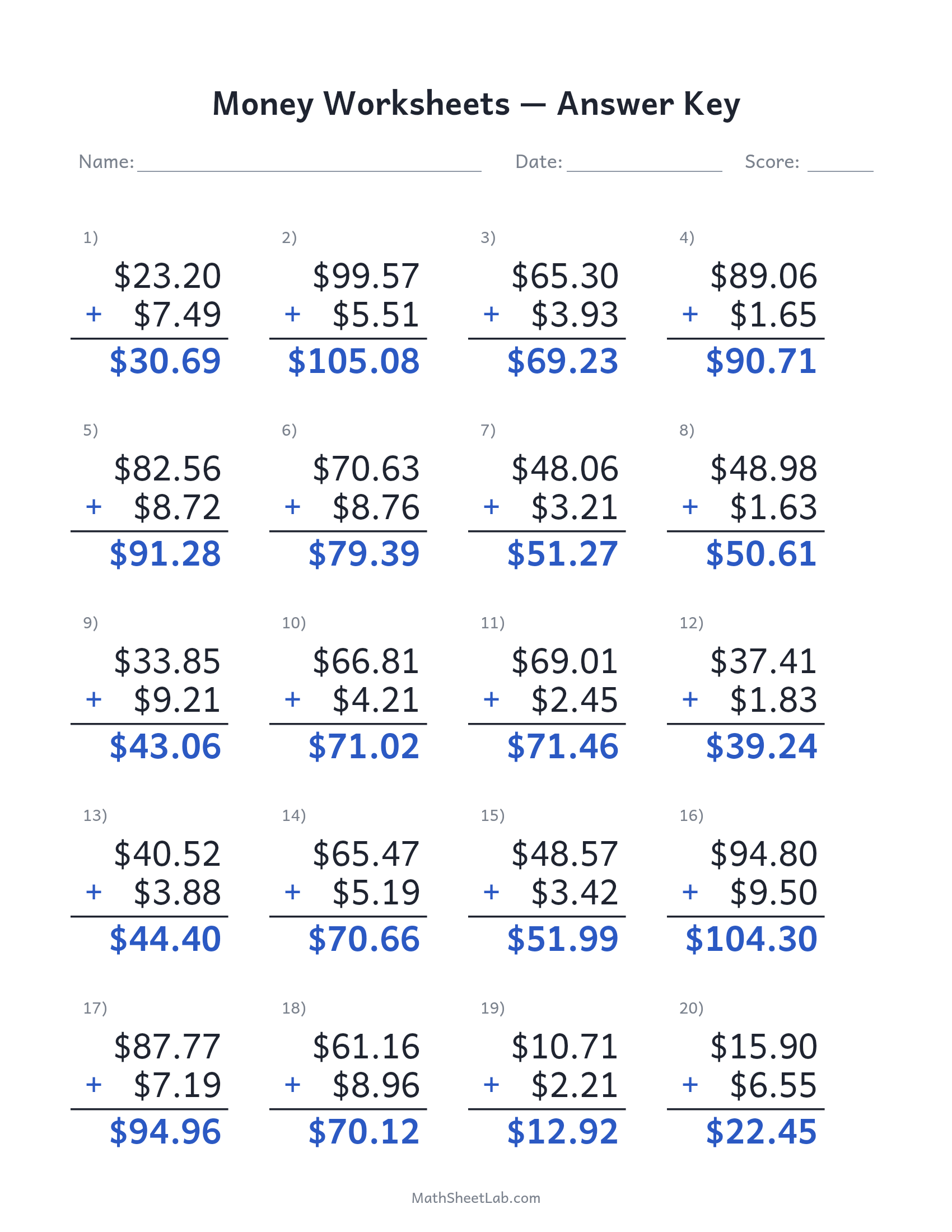 Money worksheets (adding dollars & cents) answer key preview