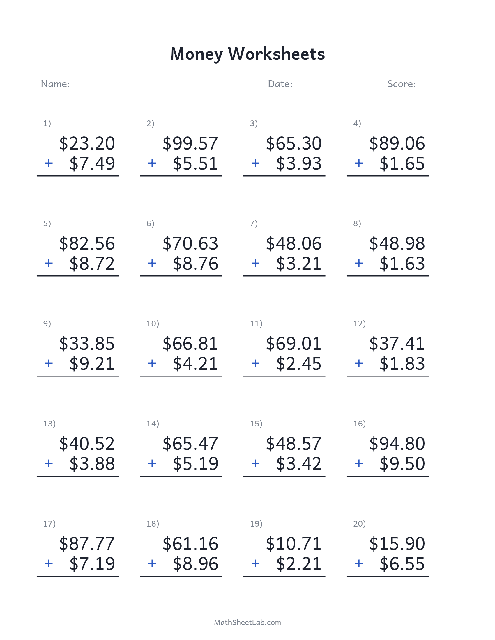 Money worksheets (adding dollars & cents) — free printable PDF preview