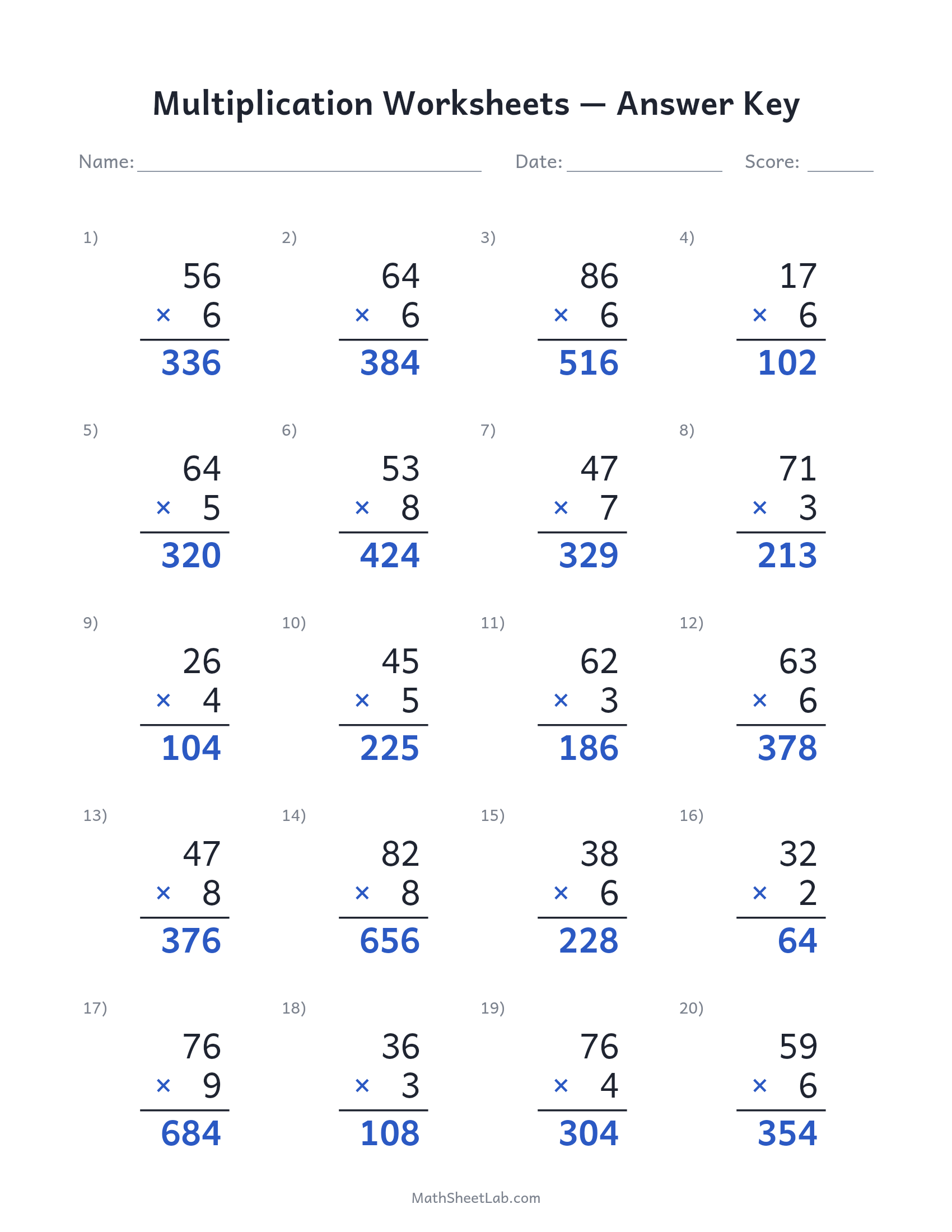 Multiplication worksheets answer key preview