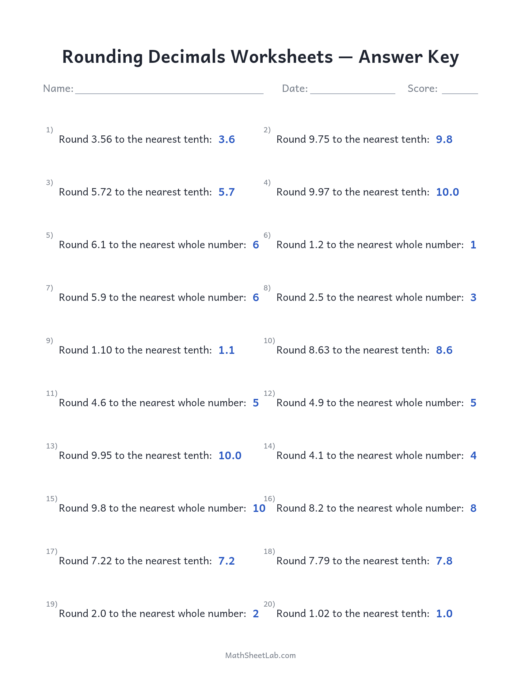 Rounding decimals worksheets answer key preview