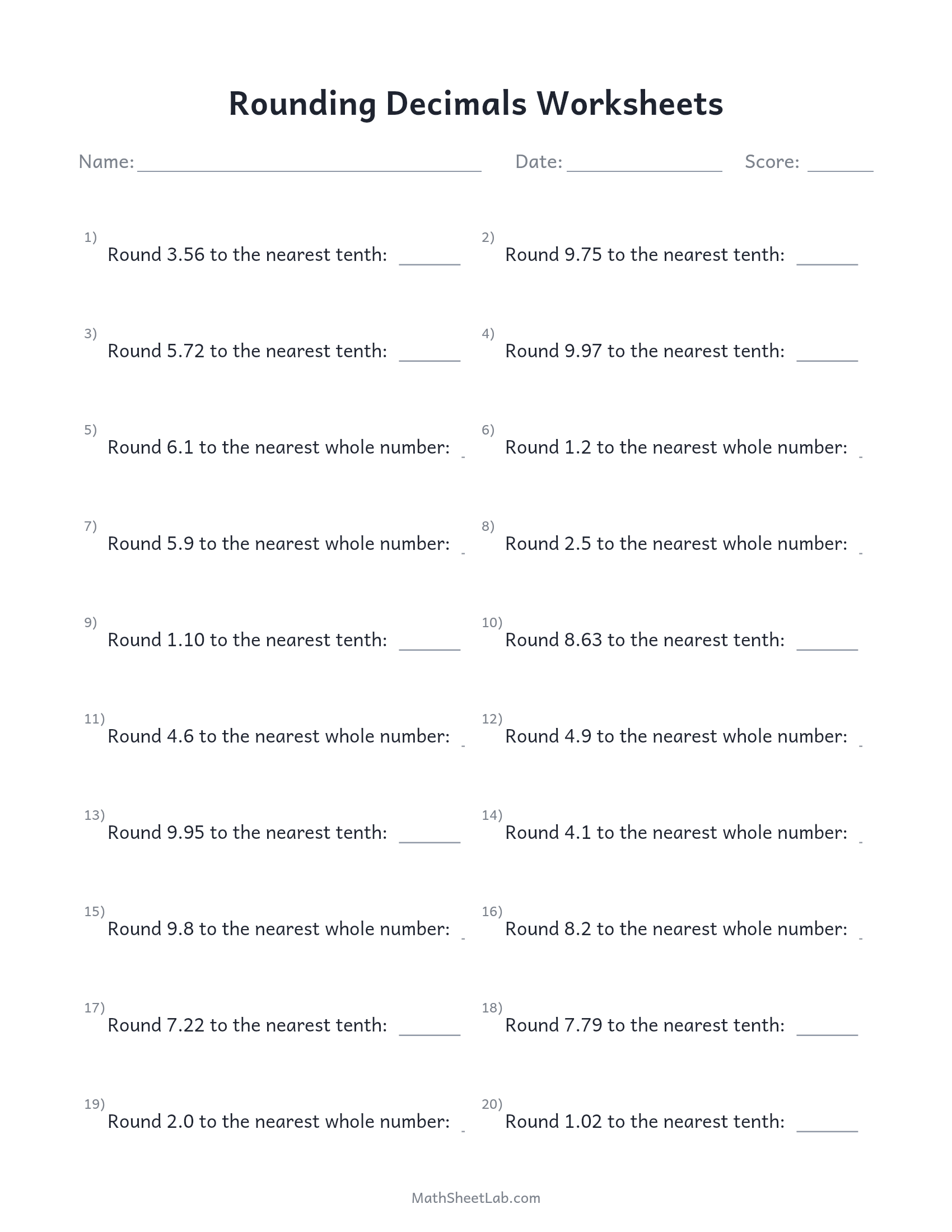 Rounding decimals worksheets — free printable PDF preview