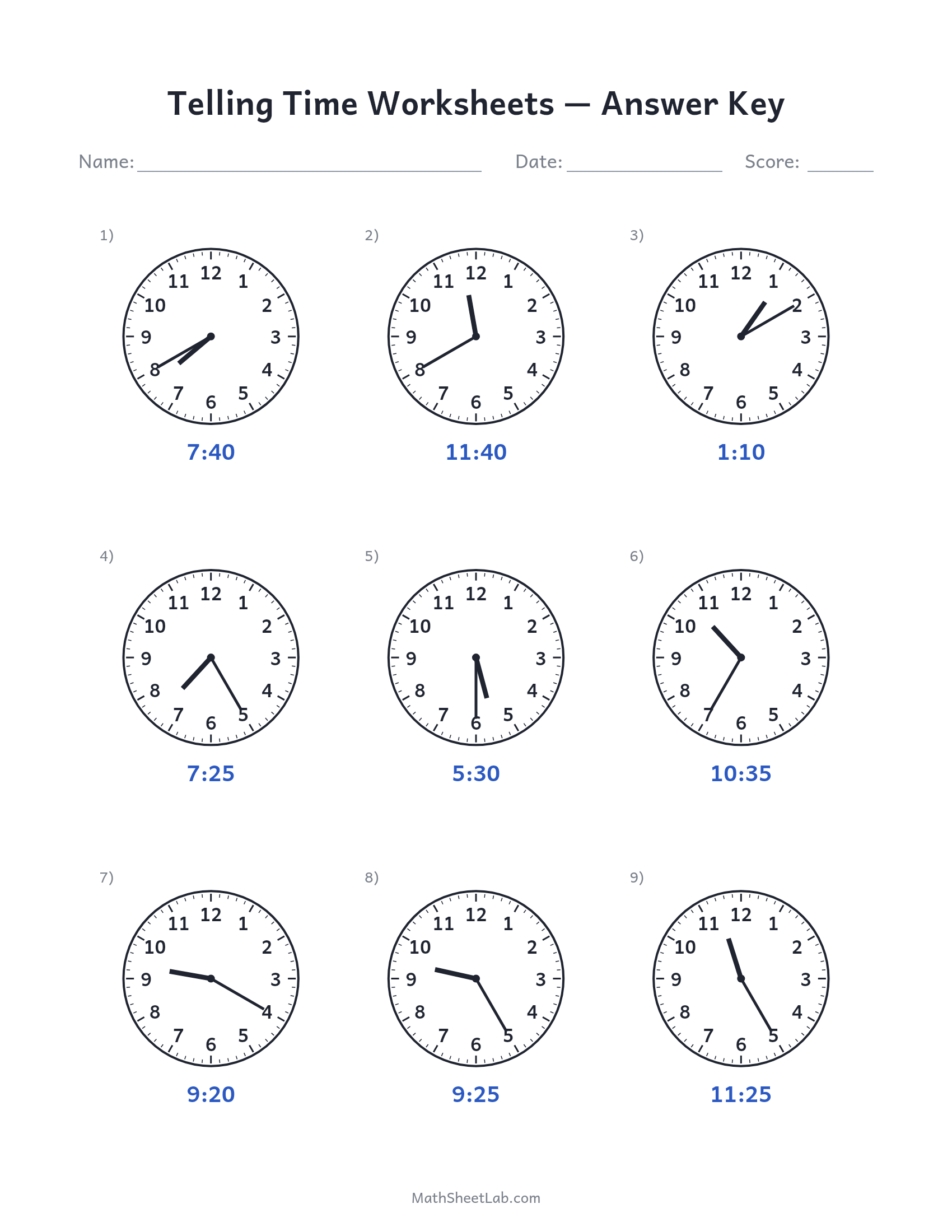 Telling time worksheets answer key preview